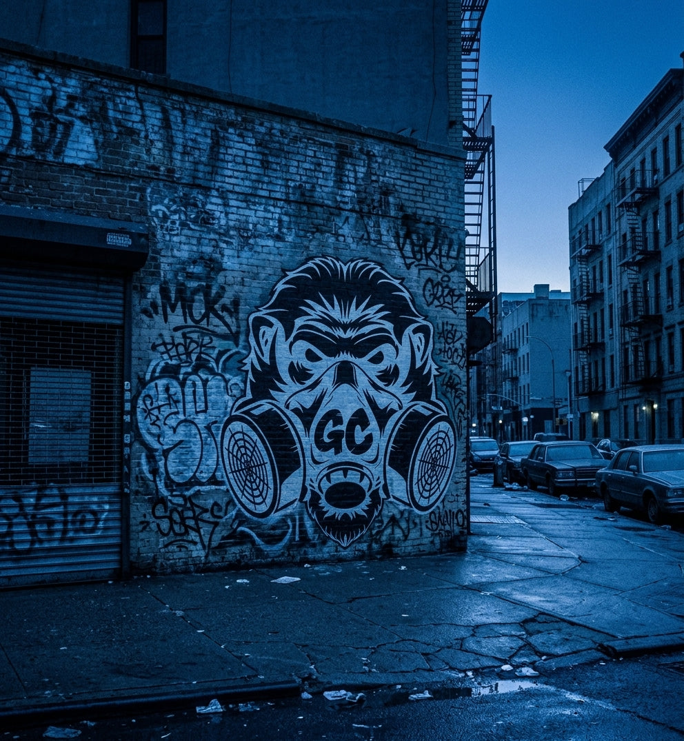 Urban street scene at dusk with a large black-and-white graffiti Guerrilla code logo painted on a brick wall beside a closed shutter, with parked cars and city buildings in the background.